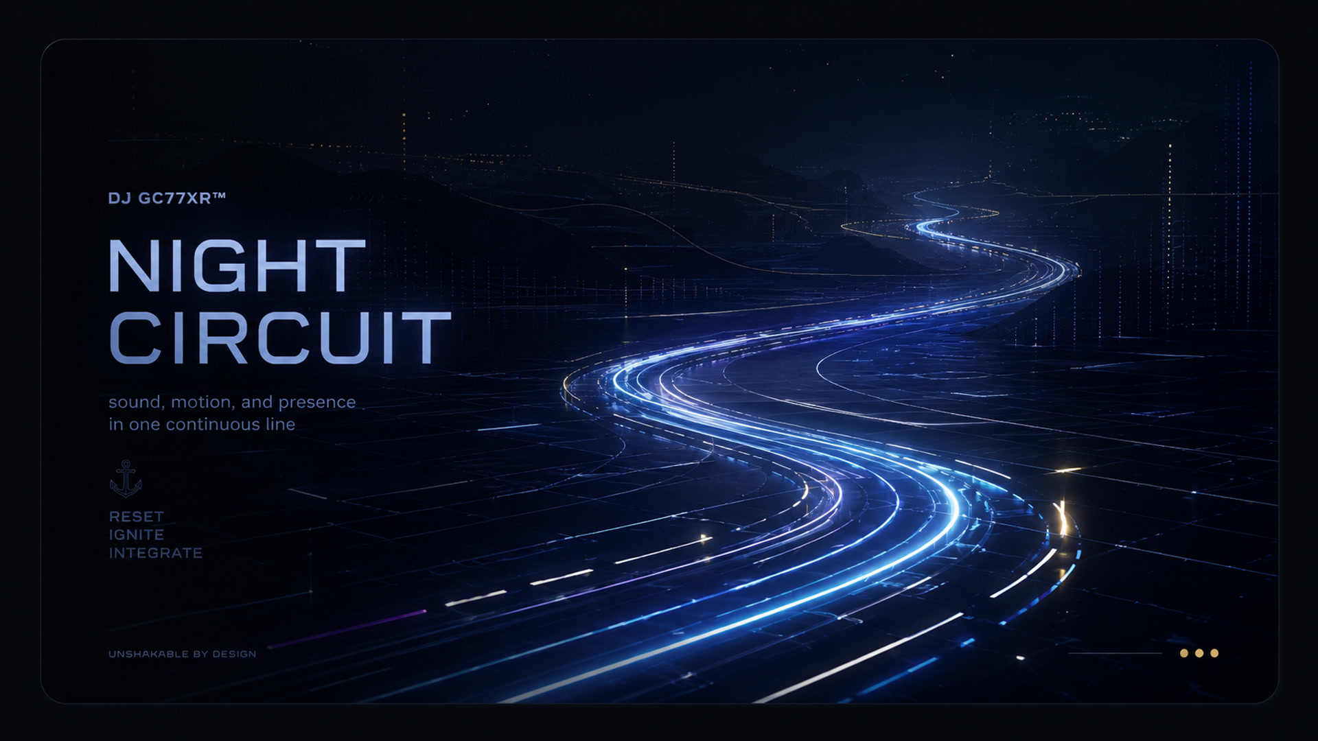 Night Circuit visual with a glowing continuous line moving through a dark technical landscape